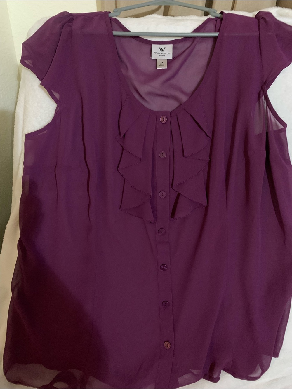Worthington Plum Ruffle-Front Cap-Sleeve Blouse